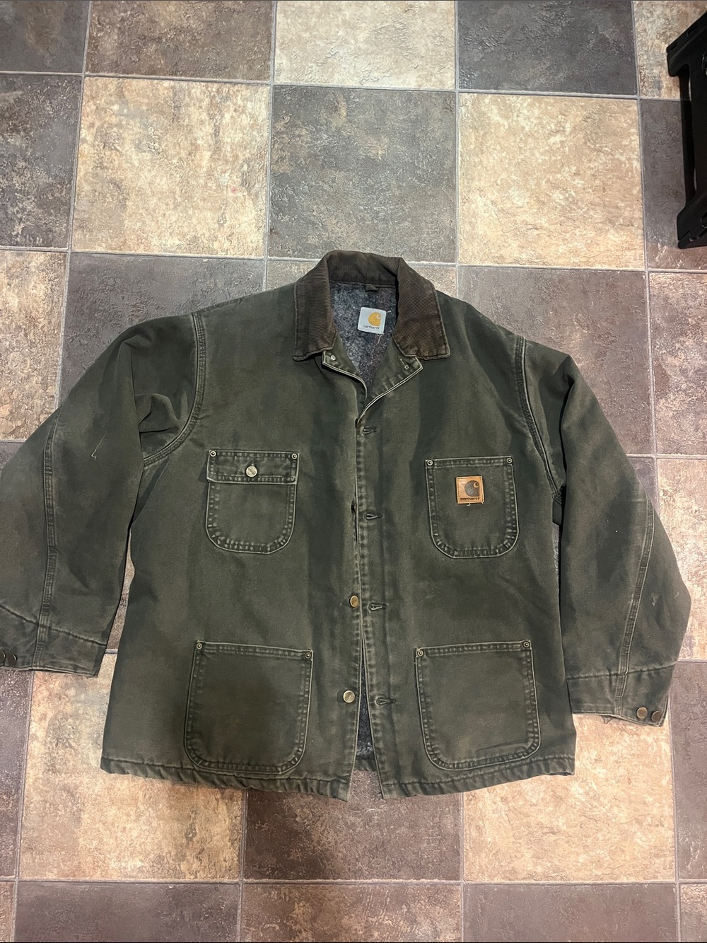 Carhartt Olive Green Canvas Field Jacket with Brown Corduroy Collar